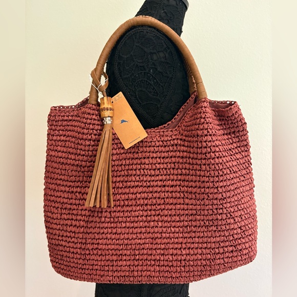 Tommy Bahama Handbags - Tommy Bahama Woven Straw Hobo Bag in Wine with Tan Handles